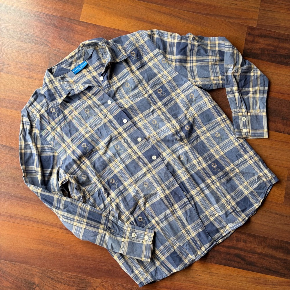Cottagecore Homestead Teacher Blue Plaid Embroidered Sunflower Button Down Shirt